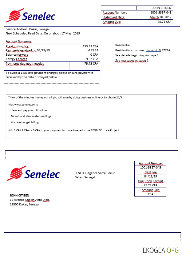 Senegal Senelec agence sacré coeur electricity bill in word format template